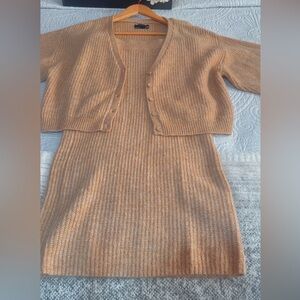 ASOS Women's Ribbed V neck Cardigan Sweater & midi Skirt Set ( Color Oatmeal )